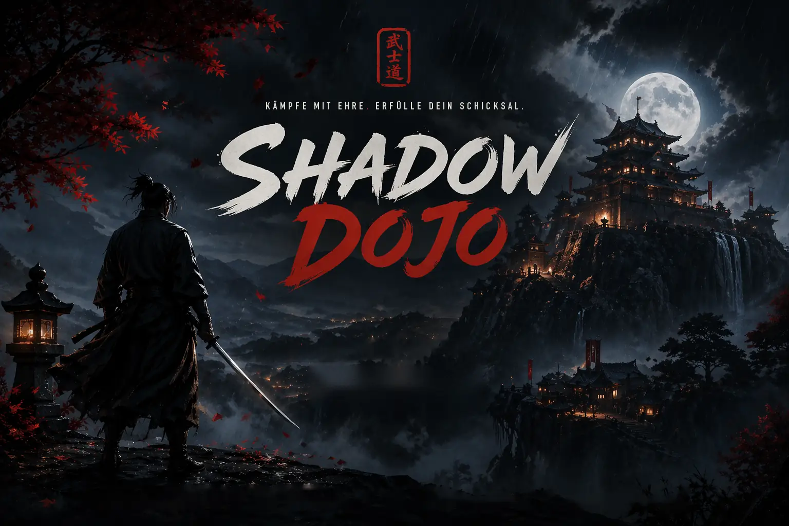 Shadow Dojo – ein Kämpfer mit Schwert blickt im Mondlicht auf eine Burg am Berg
