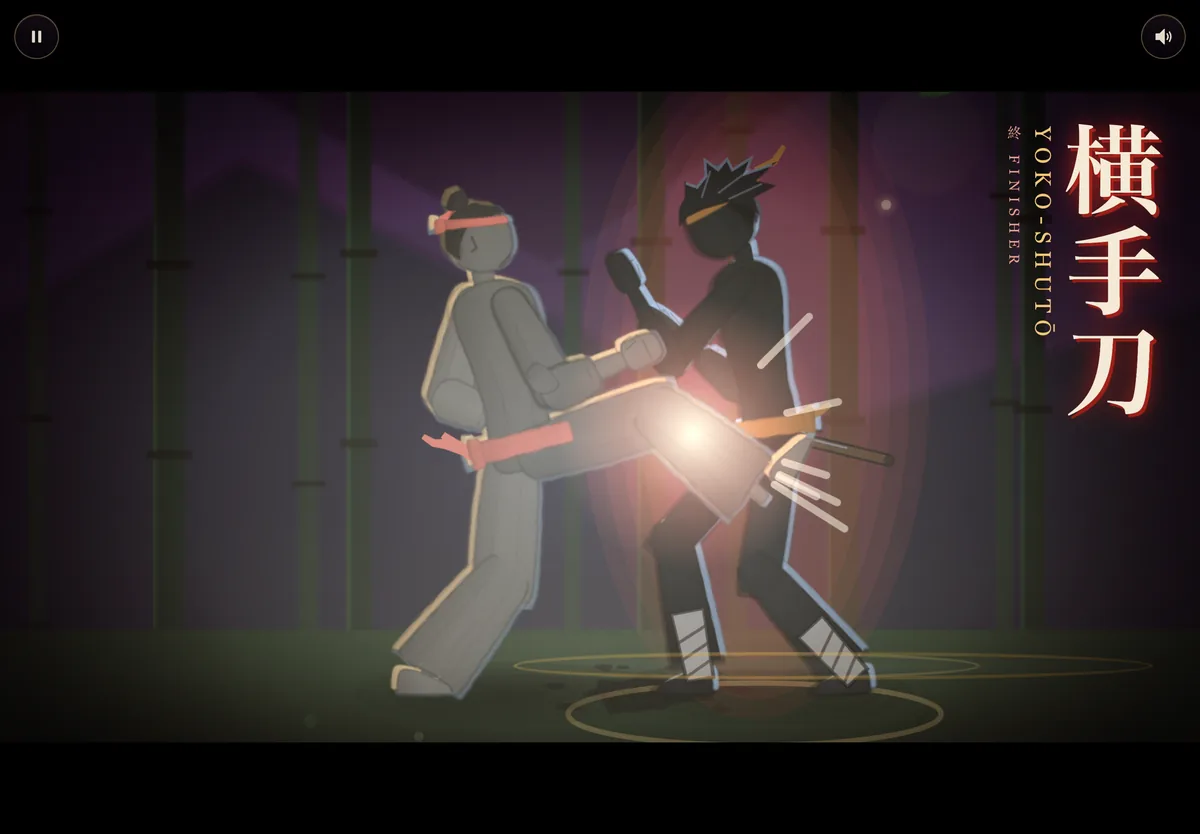 Finisher “Yoko-Shutō” with large brush characters at the edge of the screen